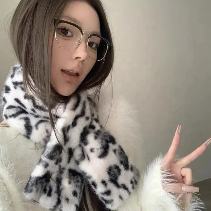KIMLUD, Winter Leopard Faux Rabbit Fur Scarf Women Girls Scarf Soft Plush Scarves Solid Color Neck Collar Warmer Stuff Christma Gift, KIMLUD Womens Clothes