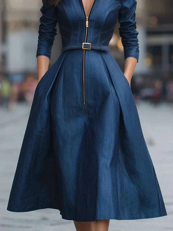 modigirl-woman-blue-a-line-dresses-2025-spring-fall-new-pleated-high-waisted-pockets-zipper-lapel-vintage-womens-midi-dresskimlud-womens-clothes-35082981