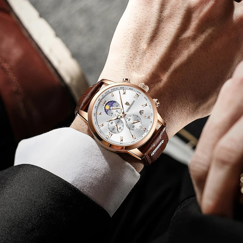 Leather Chronograph Military Watch 40–44mm Dial, Luminous Hands, 3 Bar Water Resistant — Black | KIMLUD