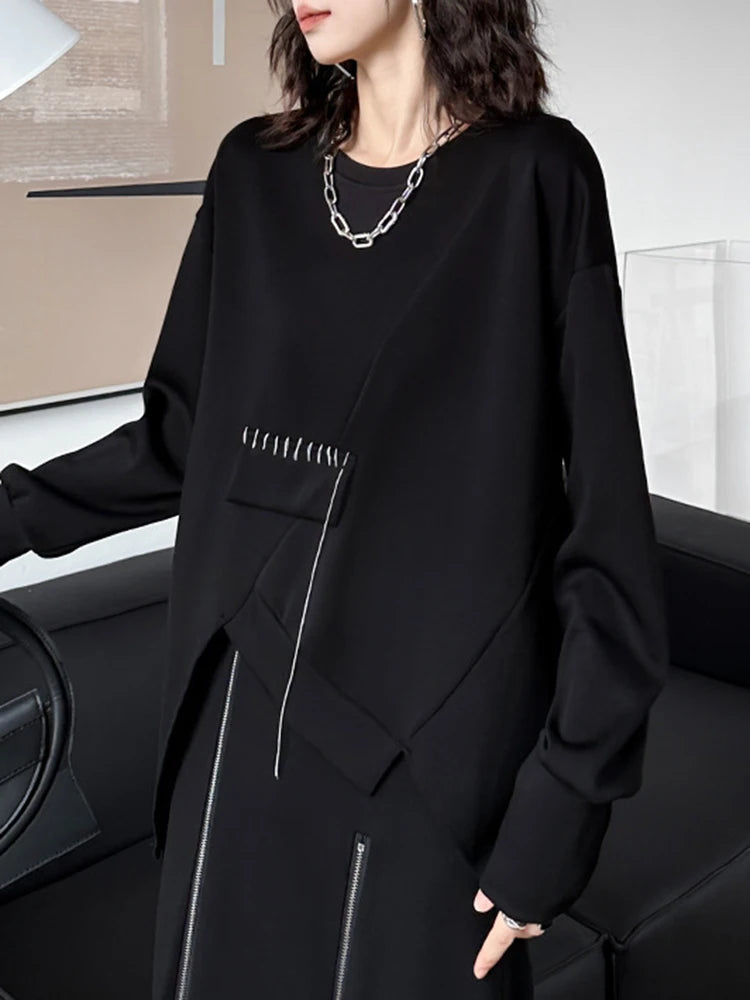 Sweatshirt - Topstitched Irregular Hem - Jersey - Black | KIMLUD