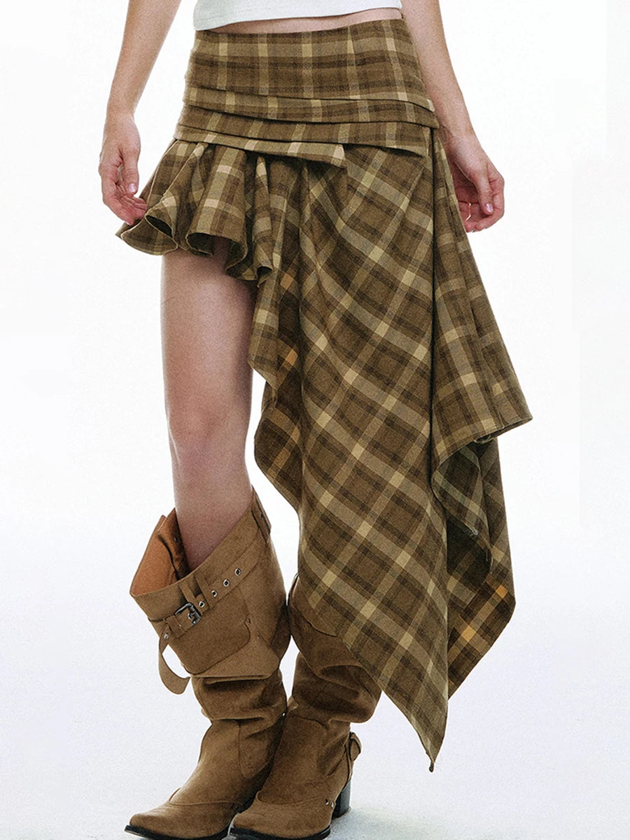 Skirt – Asymmetric Wrap Ruched Waist – Polyester – Plaid | KIMLUD