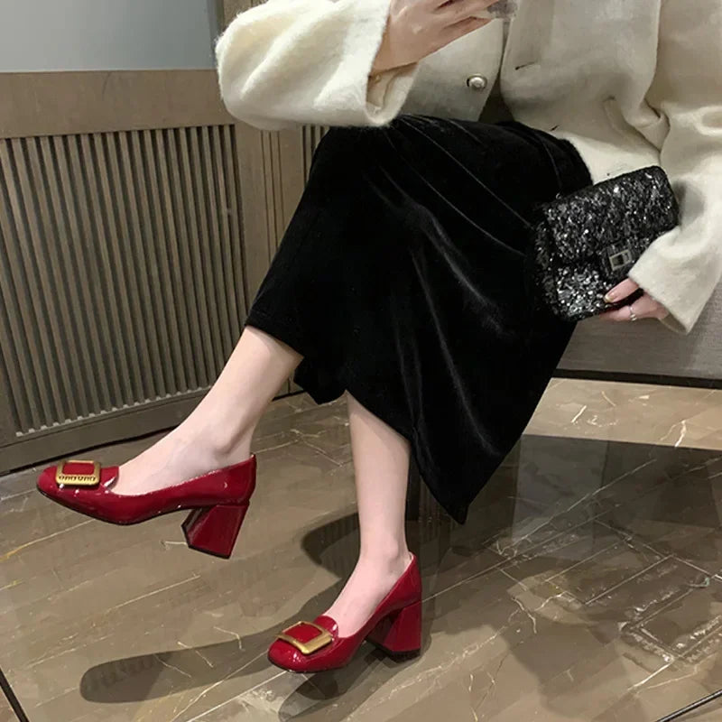 PU High Heels Round Toe Metal Buckle — Black | KIMLUD