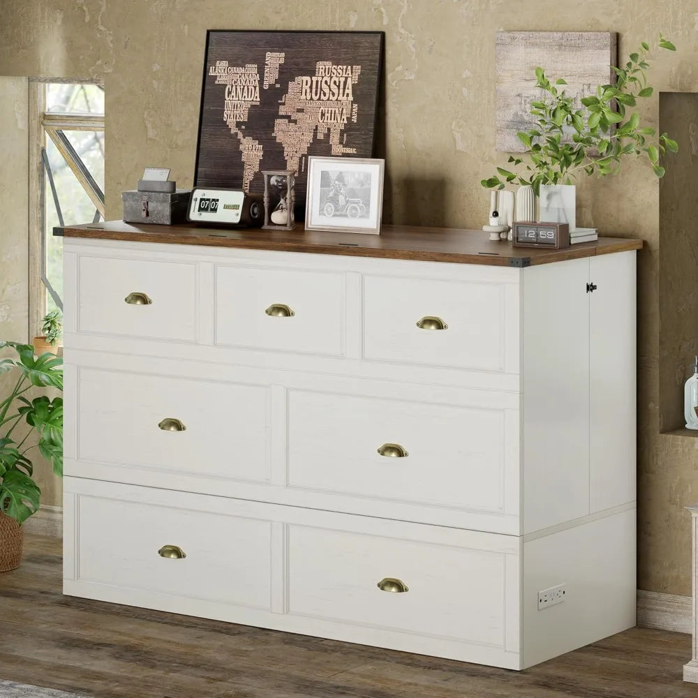 Queen Size Murphy Bed, Farmhouse Wooden Cabinet with Charging Station and Storage Drawer for Bedroom/Office/Guest Room,