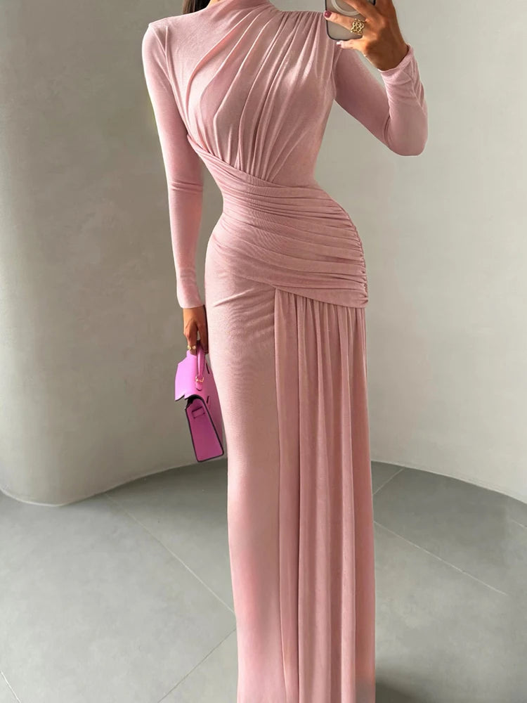 Kliou Ruched Elegant Long Dress Woman Autumn Trend o-Neck Full Sleeve Skinny Stretch Street Y2K Casual Style Classic Vestidos