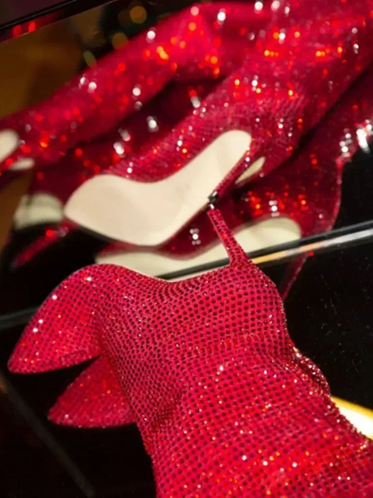 2025Women's New European and American Fashion Show Starry Sky High-heeled Rhinestone Pointed Nightclub Four Seasons Boots