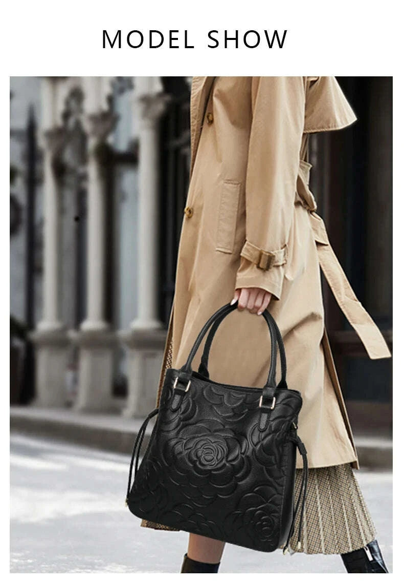 KIMLUD, Aidrani Fashion Genuine Leather Women's Bag Large Capacity Women's Handbag Black Embossed Cowhide Shoulder Bag, KIMLUD Womens Clothes