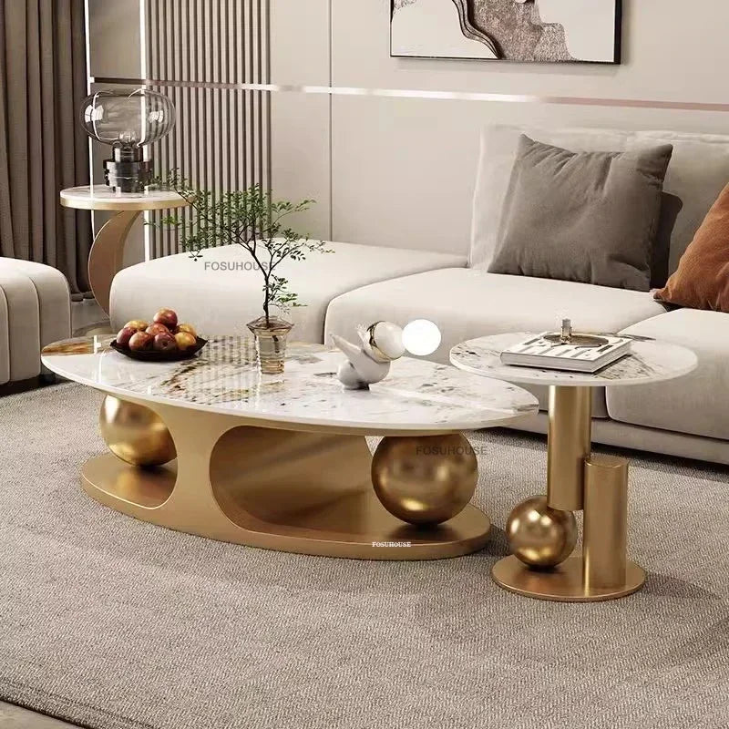 Gold-Toned Iron Oval Coffee Table With Glass Centerpiece — Gold | KIMLUD