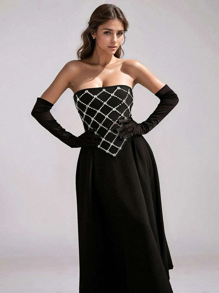 KIMLUD, VC Glamorous Black Sleeveless Strapless Dress with Diamond-Grid Details for Galas Gown, KIMLUD Womens Clothes