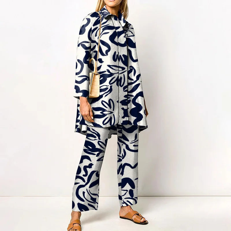 Two-Piece Set – Printed Autumn Vintage – Broadcloth – Wide-Leg Pants | KIMLUD