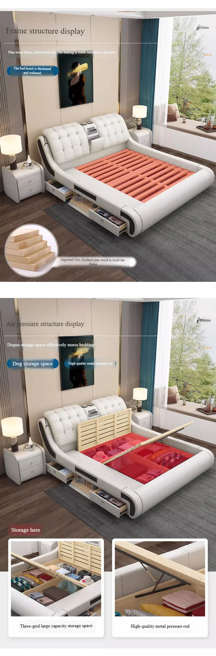 Genuine Leather Upholstered Electric Massage Bed King Size With Storage And Gas Lift — Custom Color | KIMLUD