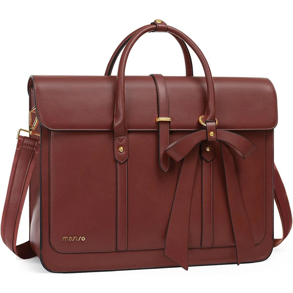 PU Leather Tote Bag 15.6 Inch Laptop Compartment Bow Strap Accent — Coral Pink | KIMLUD