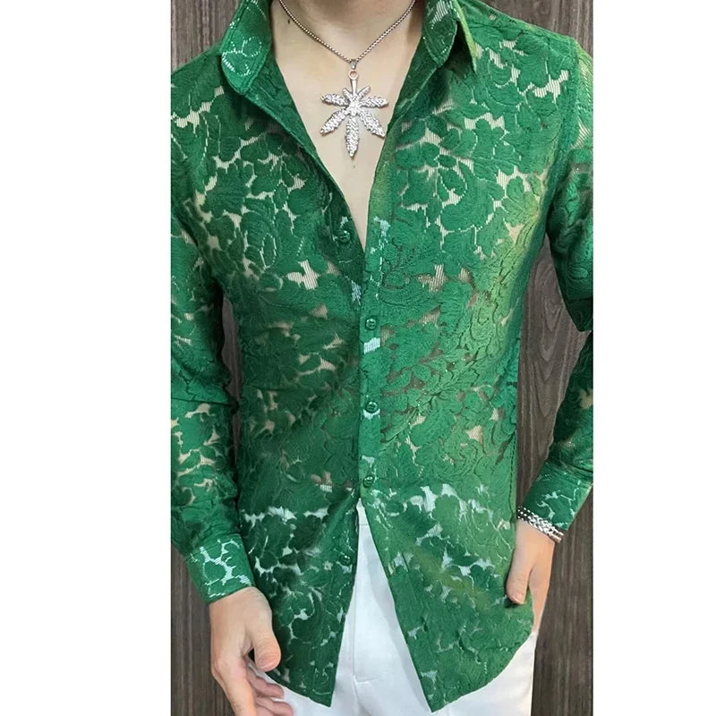 Sheer Polyester Shirt Slim-Fit Long Sleeve With Turn-Down Collar For Nightlife — White | KIMLUD