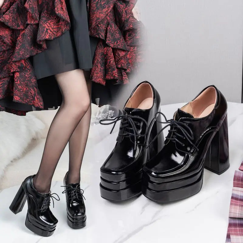 Pumps – Plus Size 43-45, 14cm Heel, Lace-Up – Square Heel | KIMLUD