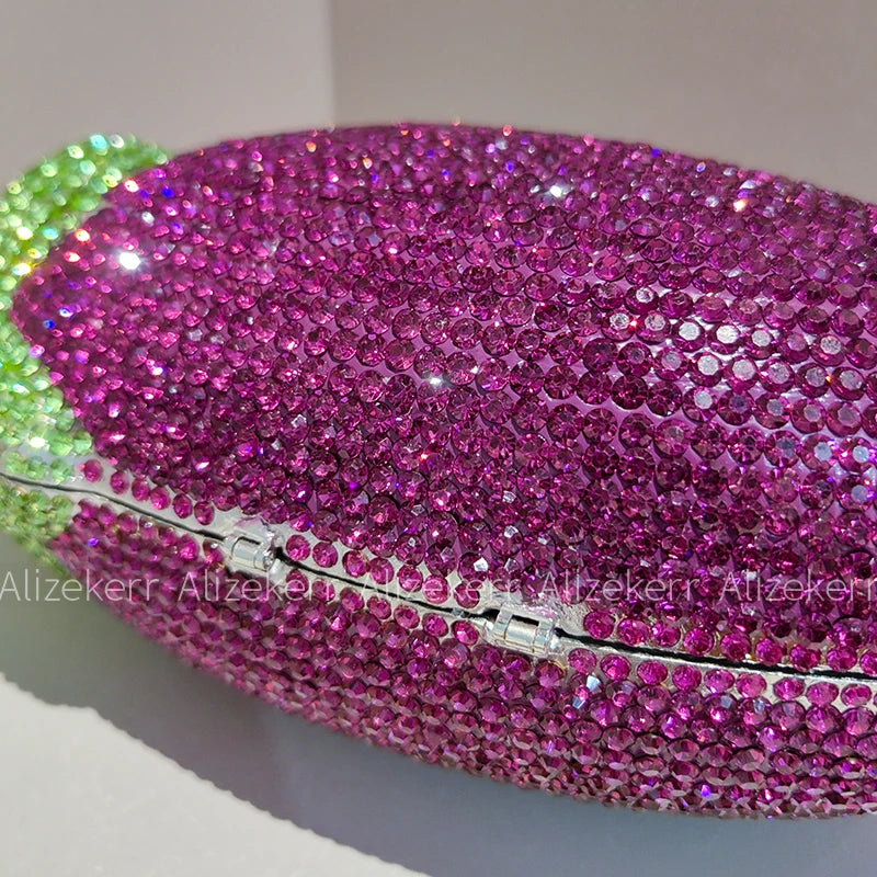 Alizekerr Eggplant Shaped Diamond Evening Bags Women Gorgeous Metallic Rhinestone Purses Ladies Unique Handbags Wedding Party