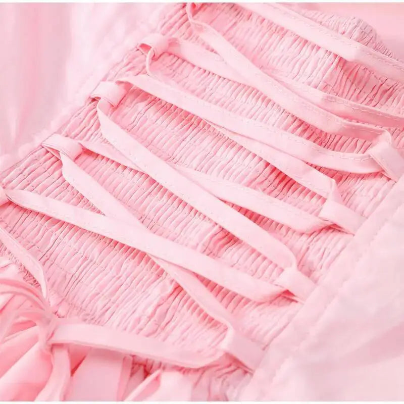 Elegant Pink Backless Pleated Lace-Up Halter Mini Dress Women Off Shoulder Sleeve Puff Hem A-Line Dresses Summer Lady Partywear