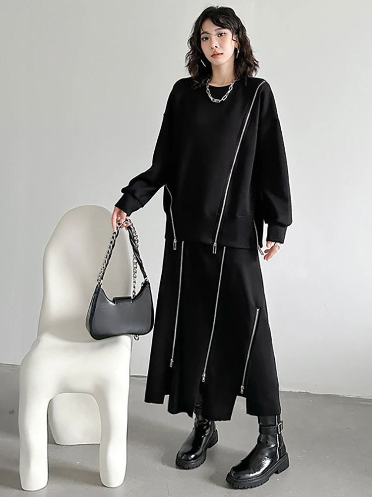 Skirt – High Elastic Waist Zipper A-Line Split – Jersey – Black | KIMLUD