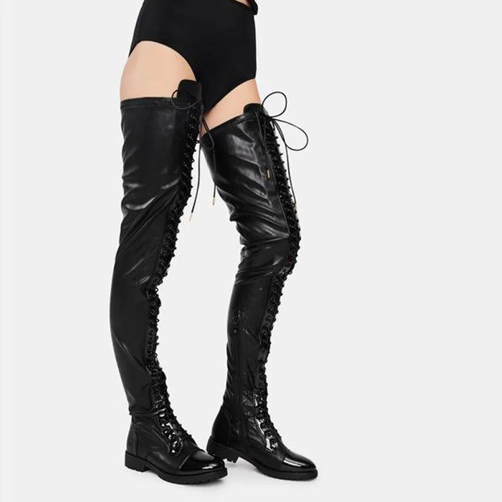 Low Heel Winter Boots Women 3.5CM Chunk Heels Nightclub Queen Lace-up Zipper Shoes Black Thigh High Boots Large Size 43 44 45