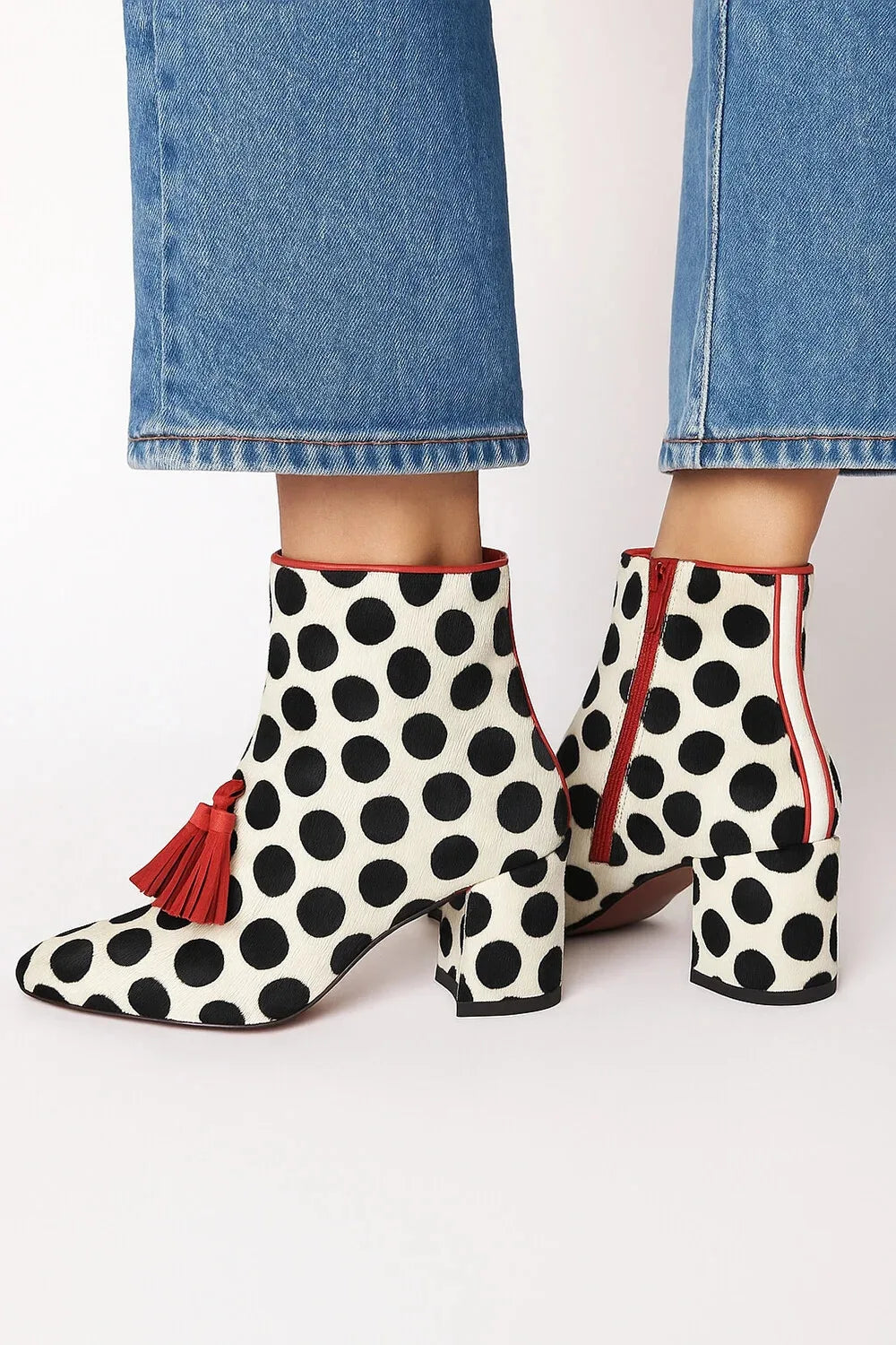 Polka Dot Tassel Ankle Boots Pointed Toe Chunky Heel — Black | KIMLUD