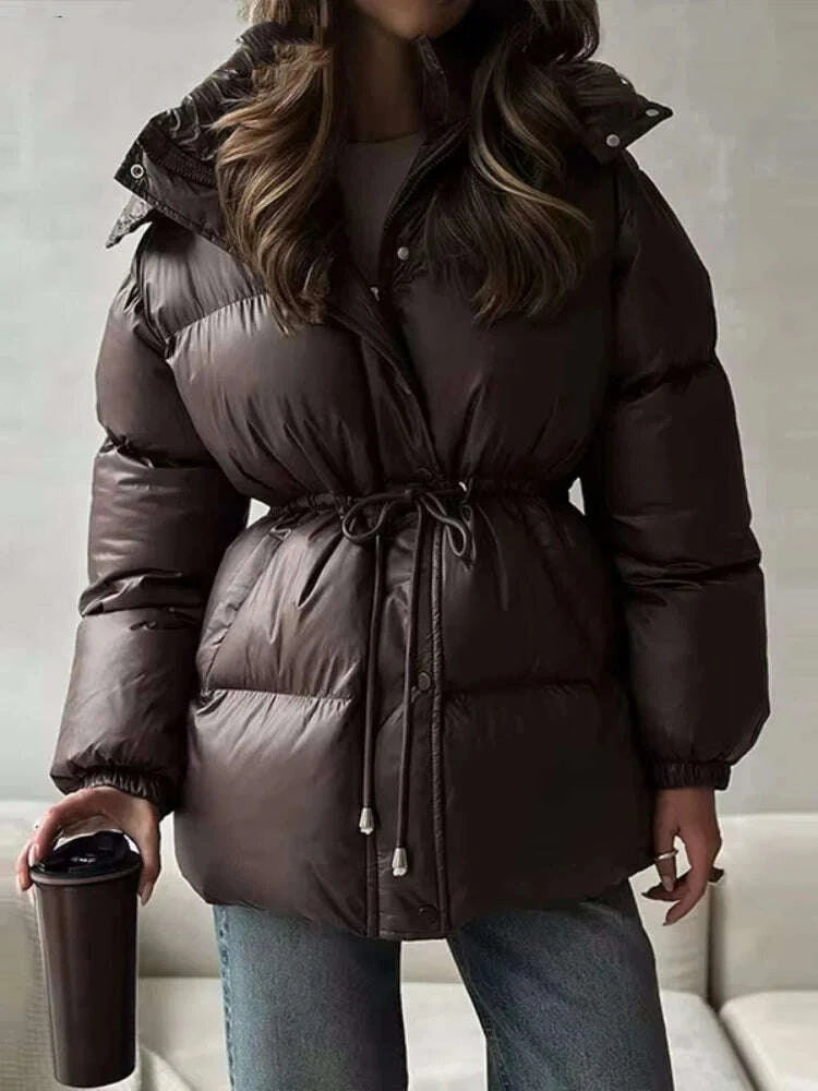 KIMLUD, Women Solid Thicken Cotton Jackets Casual Stand Collar Zipper Long Sleeves Lace Up Detachable Hat Coat Winter Lady Warm Outwear, KIMLUD Womens Clothes