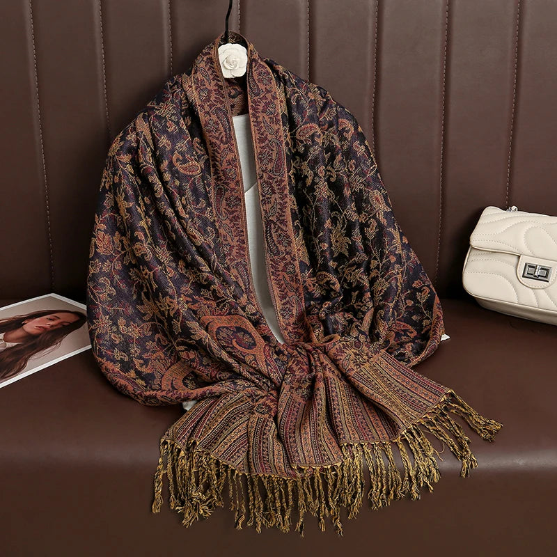 Cashmere Pashmina Shawl With Autumn Print Design, Olive Accents And Gold-Toned Fringe — Red | KIMLUD