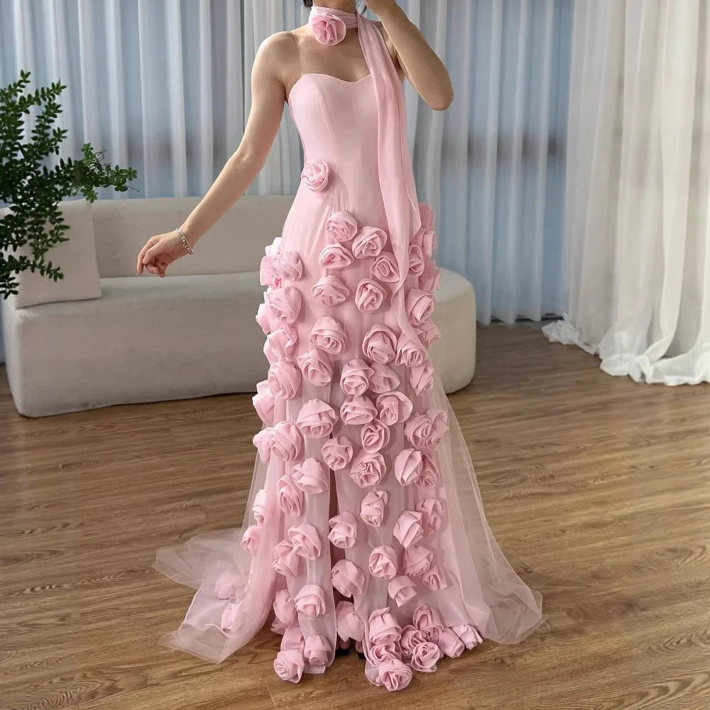 Serene Hill 2025 Pink Chiffon Strapless Sideslit Prom Dress Formal Party Wine Red Flowers Gown Rose Collar GLA72568 Customized