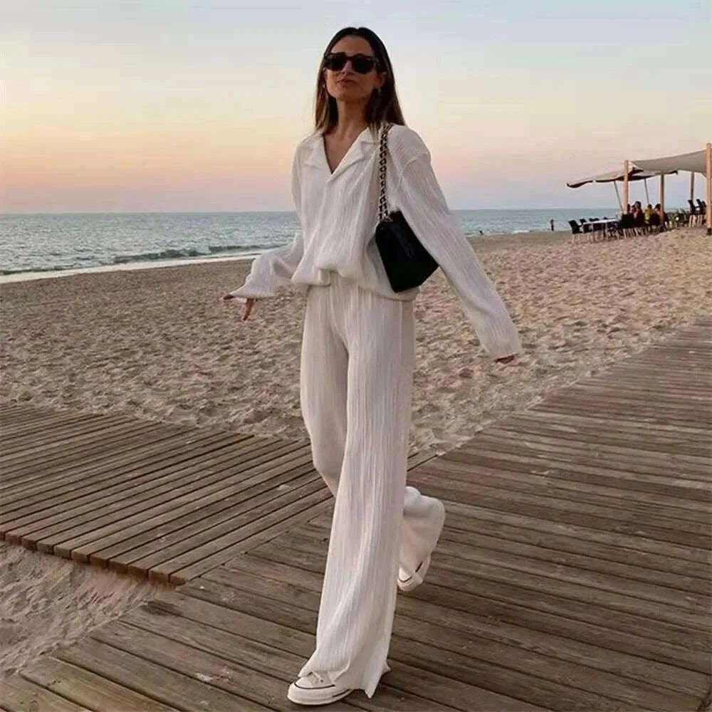 KIMLUD, 2023 Spring Summer Best Seller Solid Color Draped Loose Fit Smooth Pleated Women's Casual 2-Piece Set Stock Available, KIMLUD Womens Clothes
