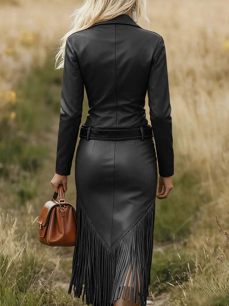 Women's Western Style Fringe Leather Dress With Belt Solid Zipper Tassel Hem Long Sleeve Midi Dress Female Vintage Chic Dresses