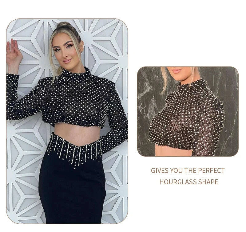 KIMLUD, VC Glam Black Long Sleeves Beaded Crop Top & Mermaid Skirt Two Pieces Dress Set for Evening Glamour Gown, KIMLUD Womens Clothes