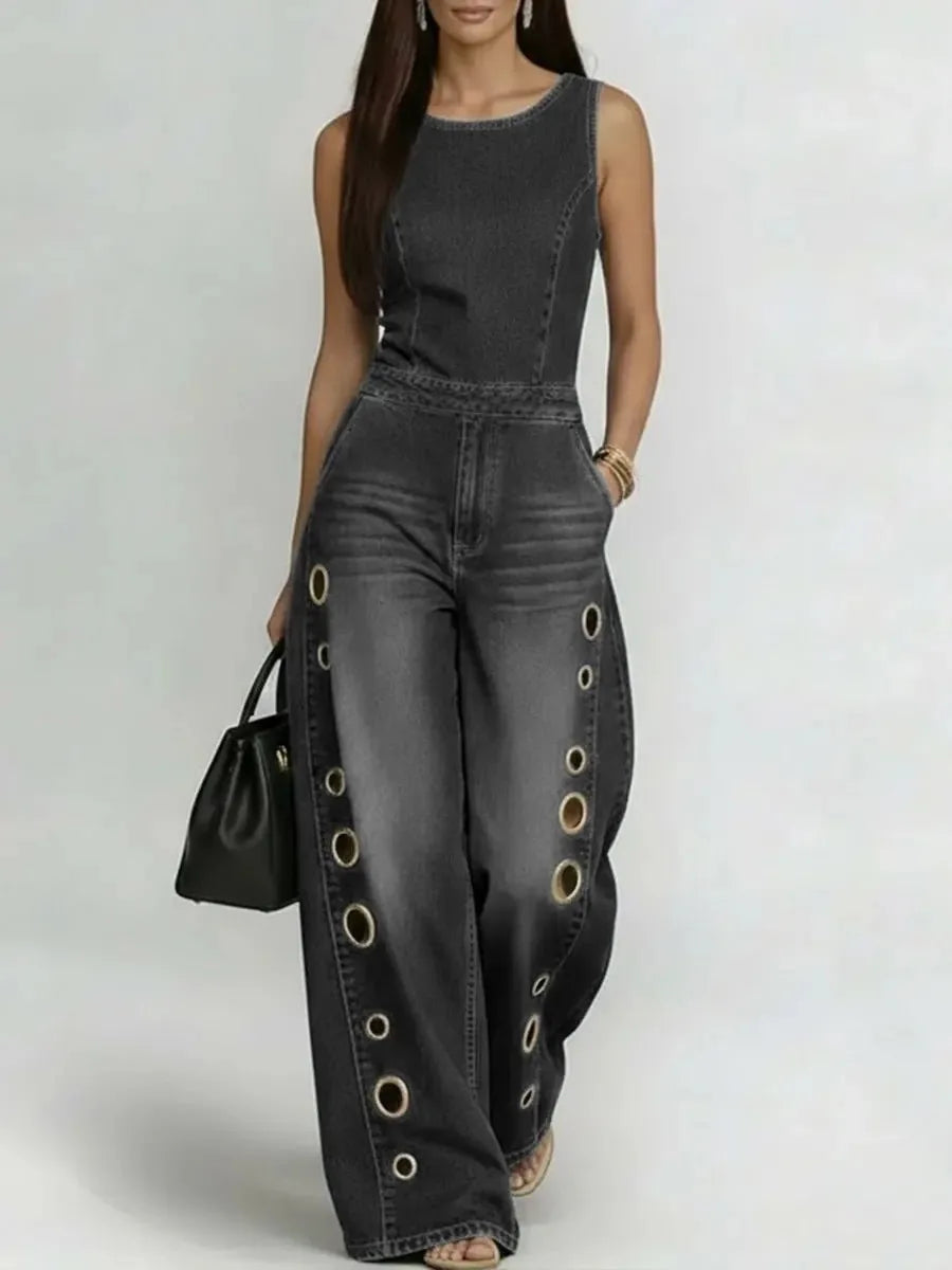 Denim Jumpsuit Sleeveless Eyelet Cutout High Waist Wide Leg — Blue | KIMLUD