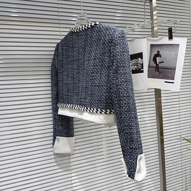 KIMLUD, DEAT 2025 Autumn New Fashion Rhinestone Pin Contrast Color Tweed Short Jacket For Women Pocket Short Skirt Female 11A06364, KIMLUD Womens Clothes