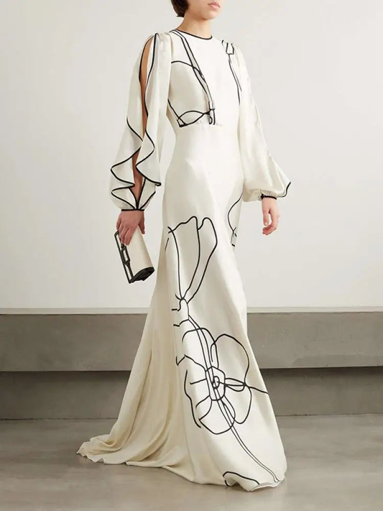 2026 New Women's Printed Maxi Dress Round Neck Ruffle Sleeves High Waist Pleated Party Dress Female Stylish A-line Dresses