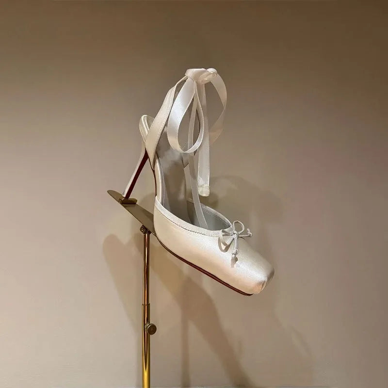 Cross-Strap Silk Sandals With Platform Bow — Blush Pink | KIMLUD