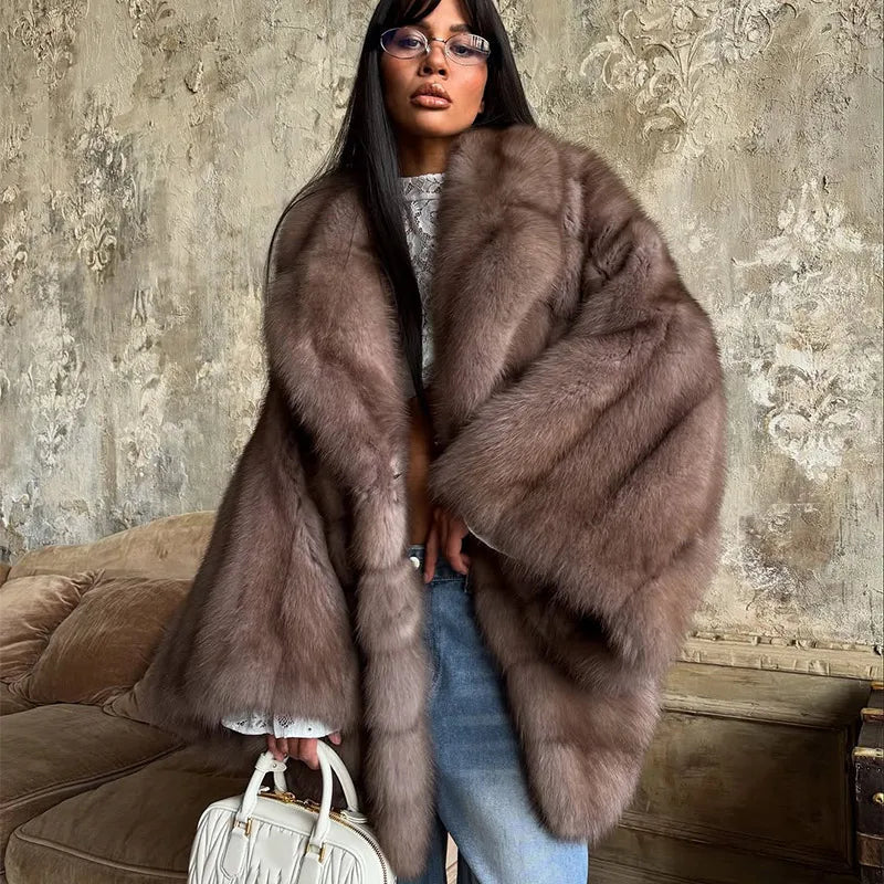 Women Elegant Fake Fur Coat Bell Sleeve Lapel Suede Surface Girdle Coats Unique Luxury Temperament 2025 New Winter High Street