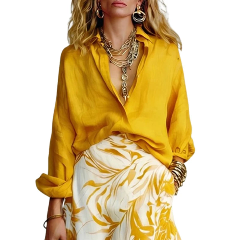 Lapel Blouse – Loose Buttoned – Polyester Fiber – Yellow | KIMLUD