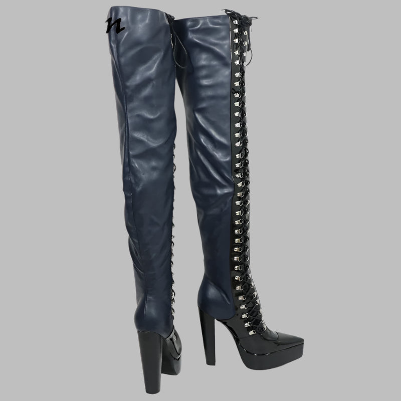 Sorbern Navy Blue Long Boots Women Fetish Style Block High Heel Pointed Toe Lace Up D-Hooks Mid Thigh High Boots Female Shoes