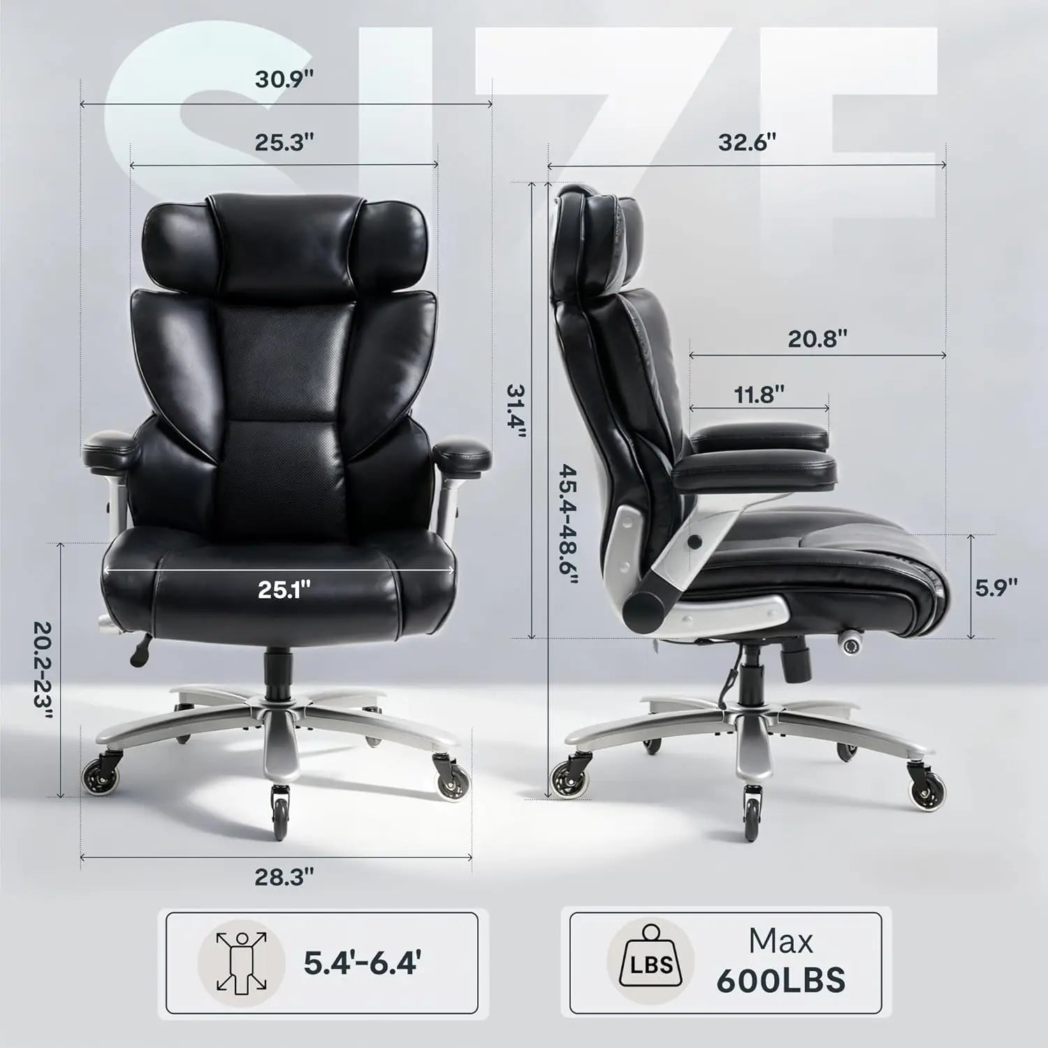 Leather and Steel Office Chair 600lbs Capacity with 2D Lumbar — Black | KIMLUD