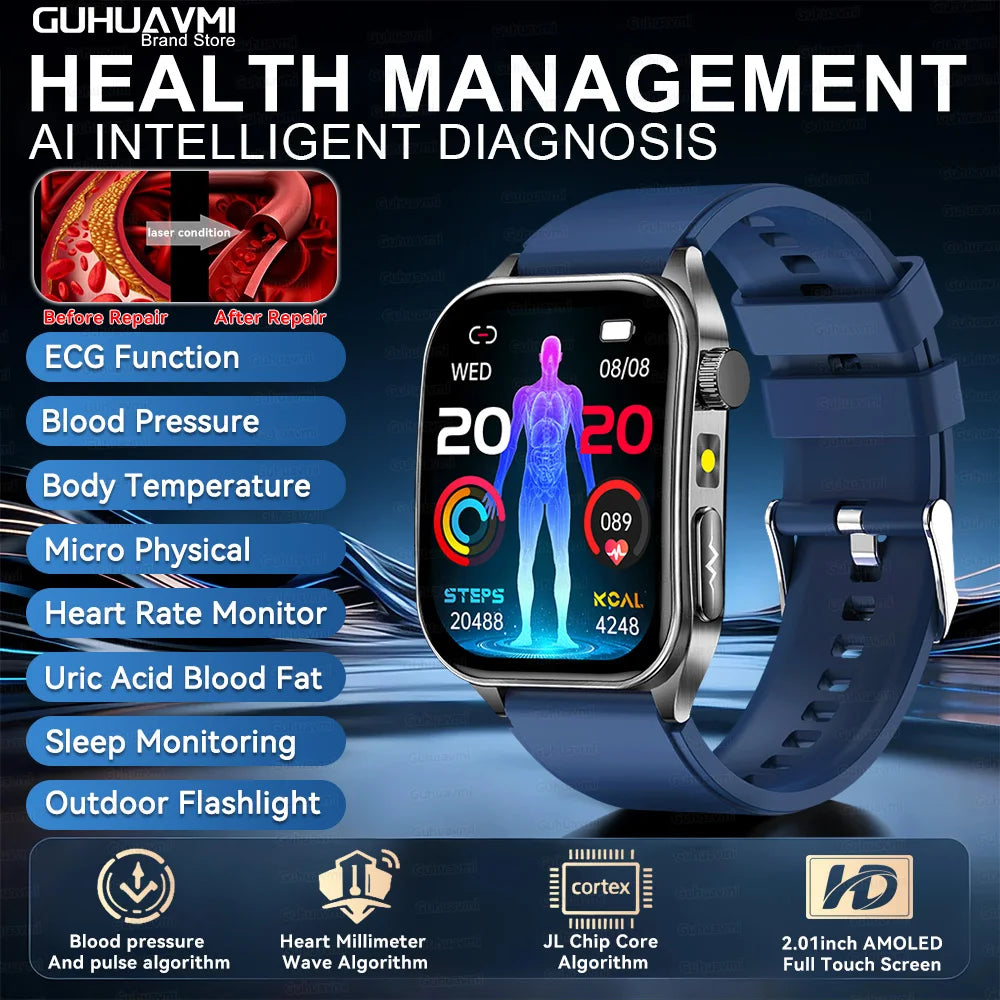 2025Hot AI-GPT Diagosis ECG Health SmartWatch Blood Pressure Lipid Uric Acid 650nm Dual-Probelaser Heart Analysis Smart bracelet