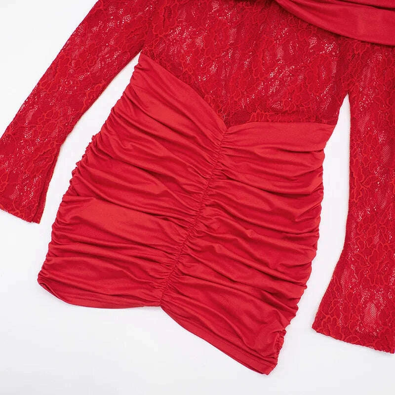 KIMLUD, Mozision Off-shoulder Strapless Backless Sexy Mini Dress Women Gown Elegant Lace See Through Long Sleeve Ruched Club Party Dress, KIMLUD Womens Clothes