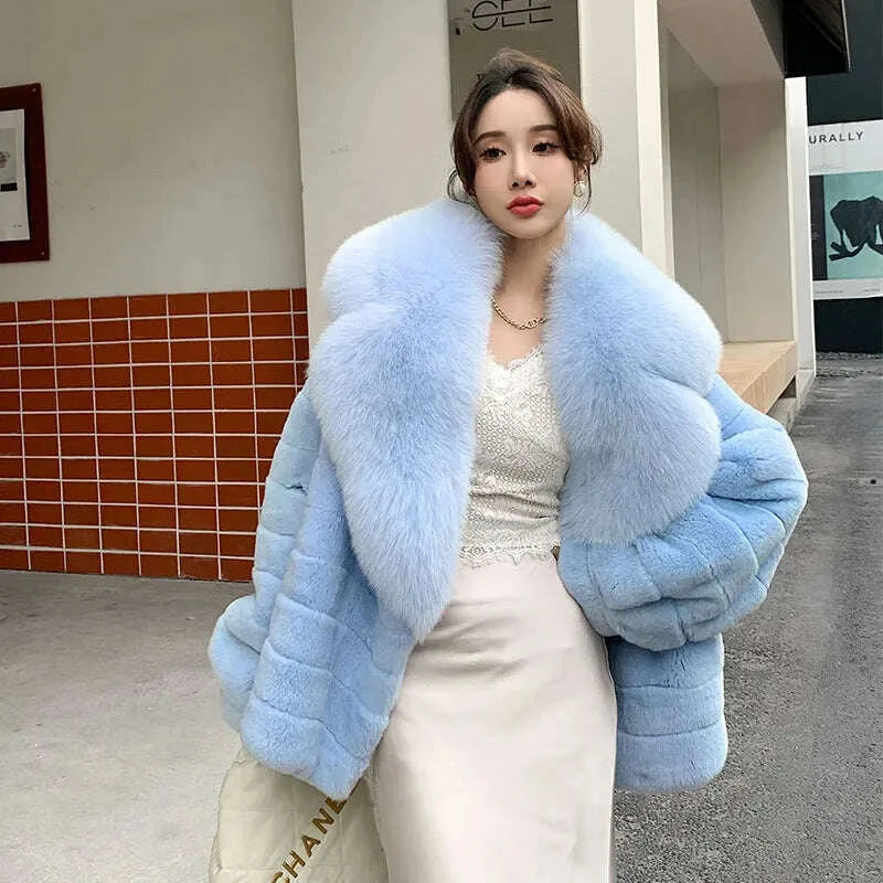 KIMLUD, Winter Women Real Rex Rabbit Fur Coat 100% Natural Fur Jacket with Large Silver Fox Fur Collar Luxury Streetwear, KIMLUD Womens Clothes
