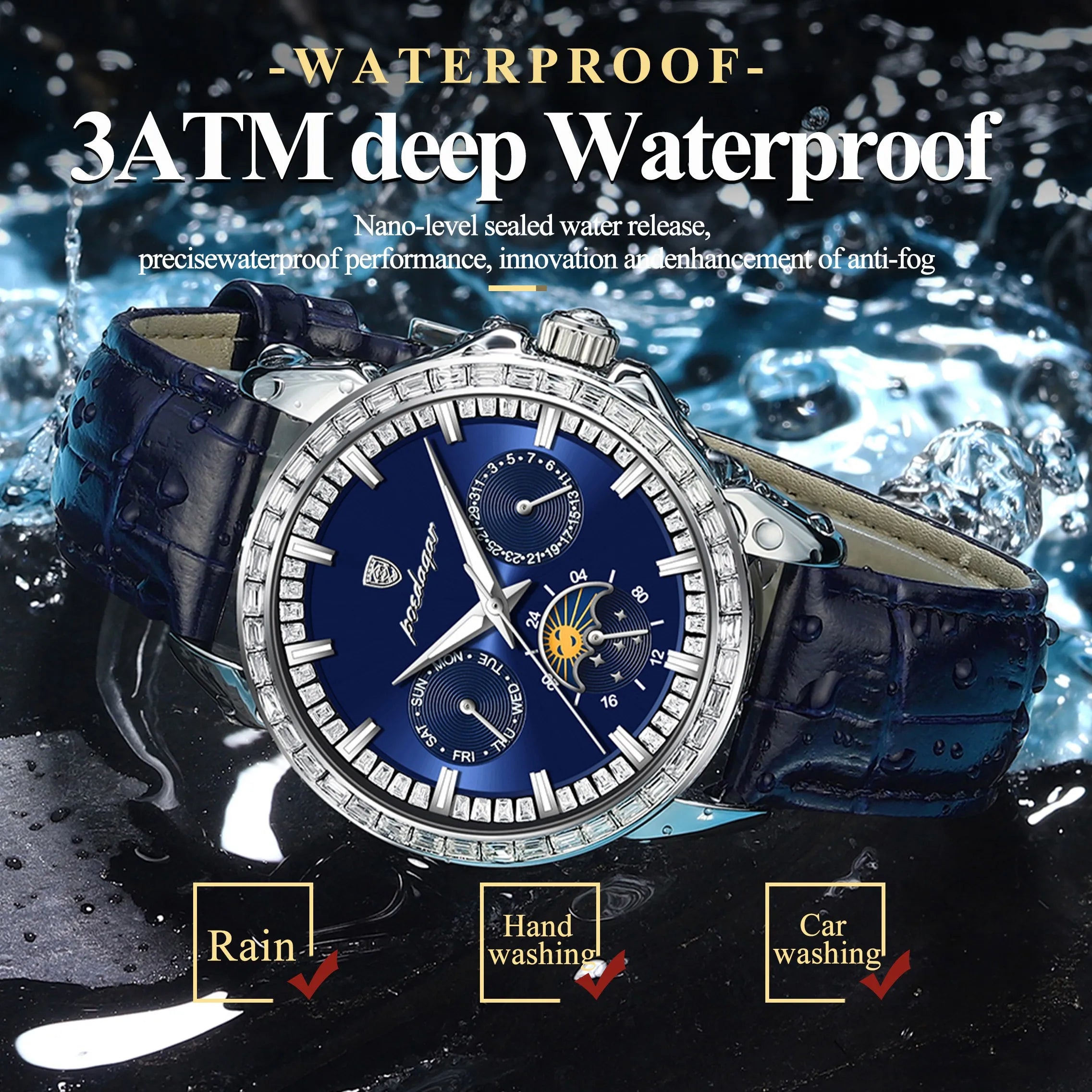 POEDAGAR Luxury Diamond Wristwatch For Men Date Week Waterproof Luminous Man Watch Fashion Business Leather Men's Quartz Watches
