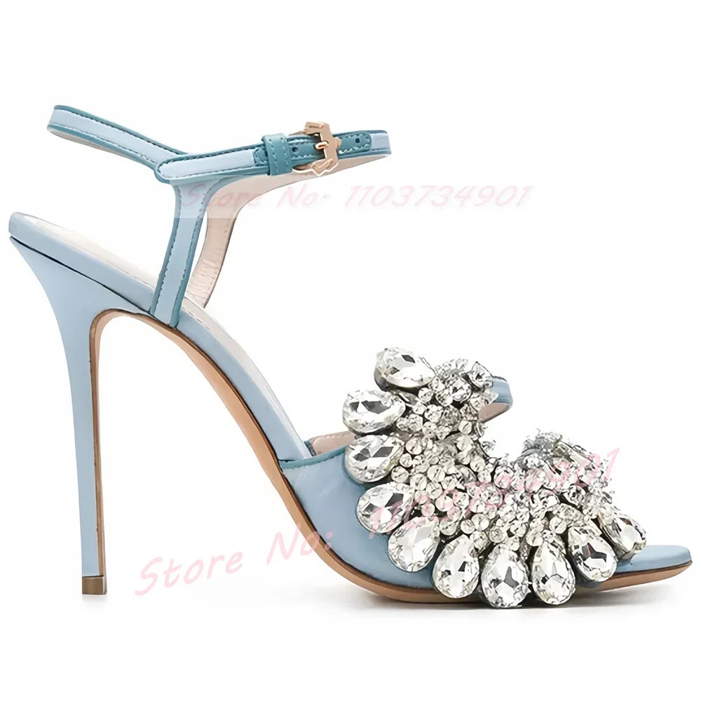 Crystal Flower Open Toe Ankle Strap High Heels — As Picture | KIMLUD