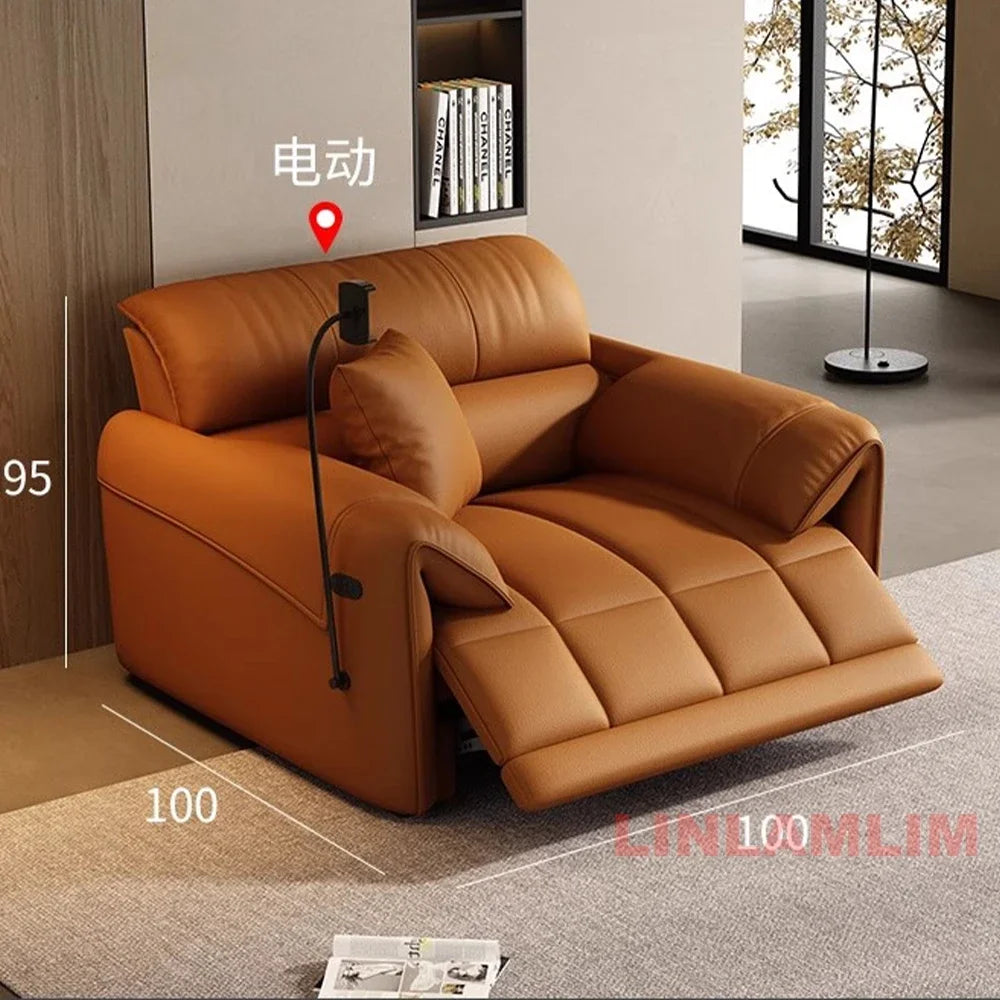 Italian Genuine Leather Electric Reclining Sofa With Adjustable Footrest USB And Foldable Center Console — Caramel Tan | KIMLUD
