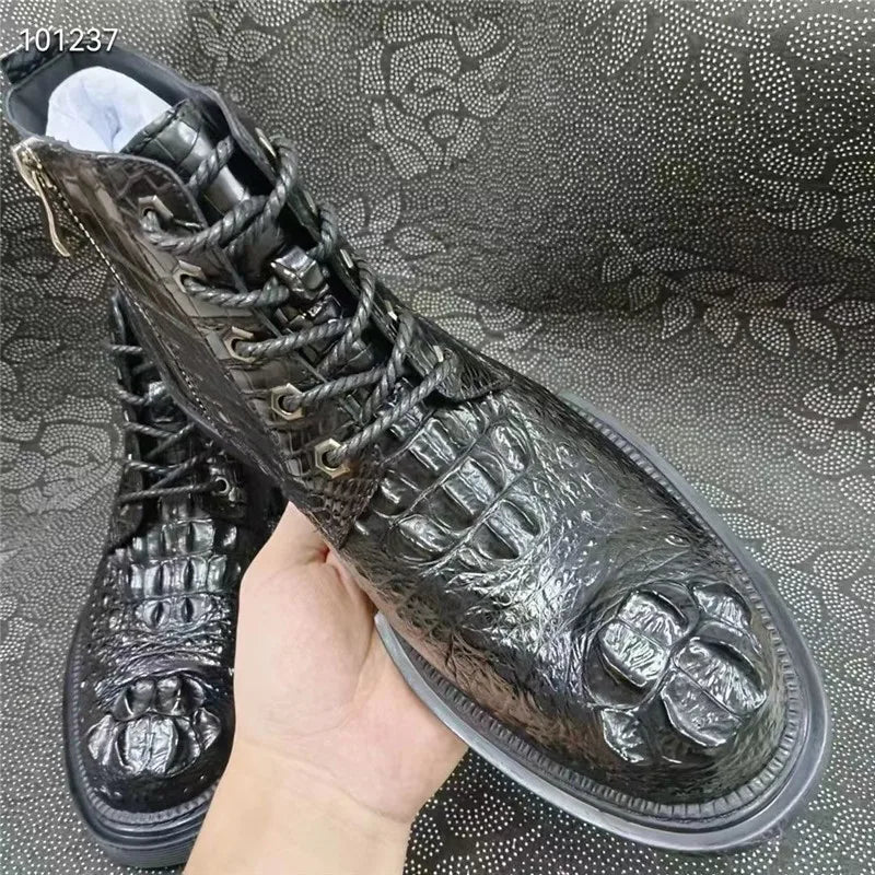 Authentic Real True Crocodile Skin Men's Casual Black High-top Shoes Genuine Exotic Alligator Leather Male Short ZIP Ankle Boots