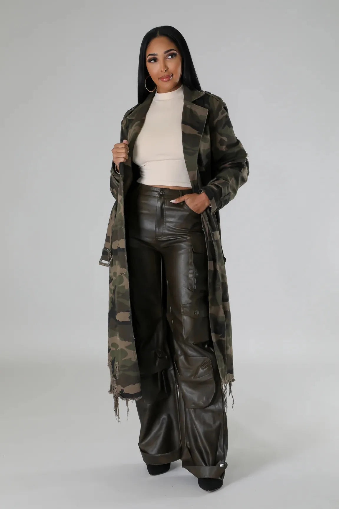 Camouflage Ripped Trench Jacket Long Coats Hole Windbreaker Sashes Single Breasted 2025 Women Streetwear Jackets Outerwear