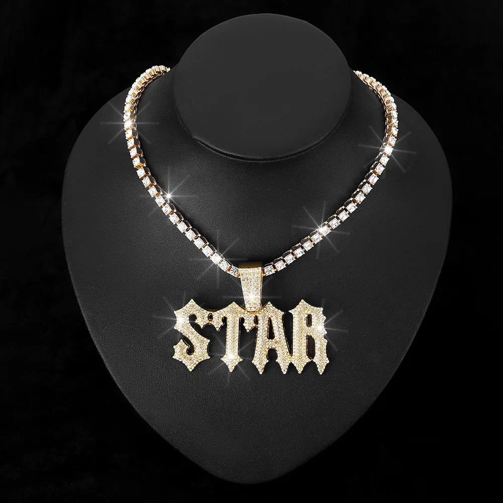 Men Women Hip Hop Letter STAR Pendant Necklace with Cuban Chain Iced out Bling Necklaces Tennis Chain Fashion Punk Jewelry Gift