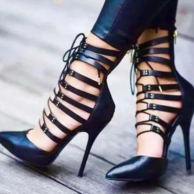 Strappy Sandals – Pointed Toe Cut-out Lace-up Straps – Bonded Leather Heels | KIMLUD