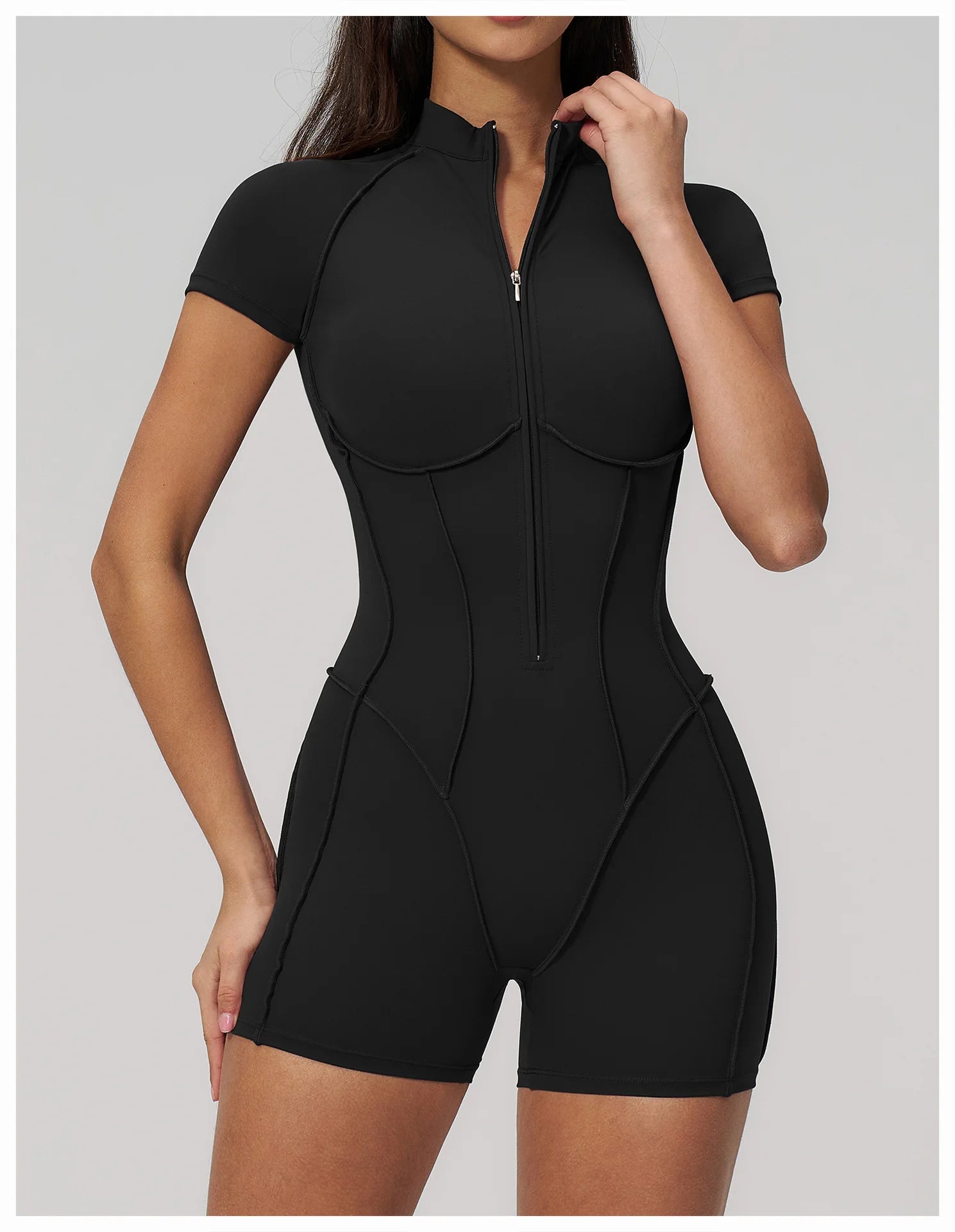 Performance Stretch Jersey Zippered Yoga Bodysuit Short Sleeves For Studio To Street — Red | KIMLUD