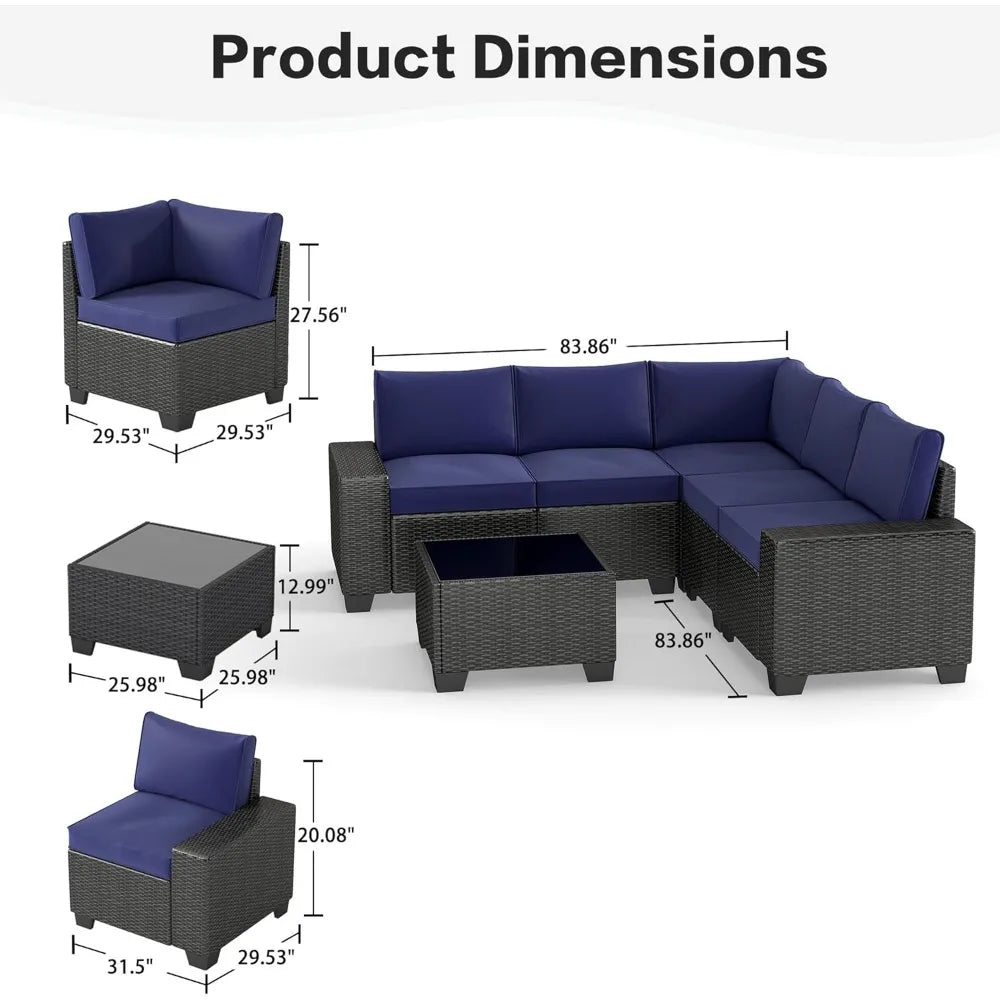 Wicker Patio Set 6-Piece With Wide Armrests — Navy | KIMLUD
