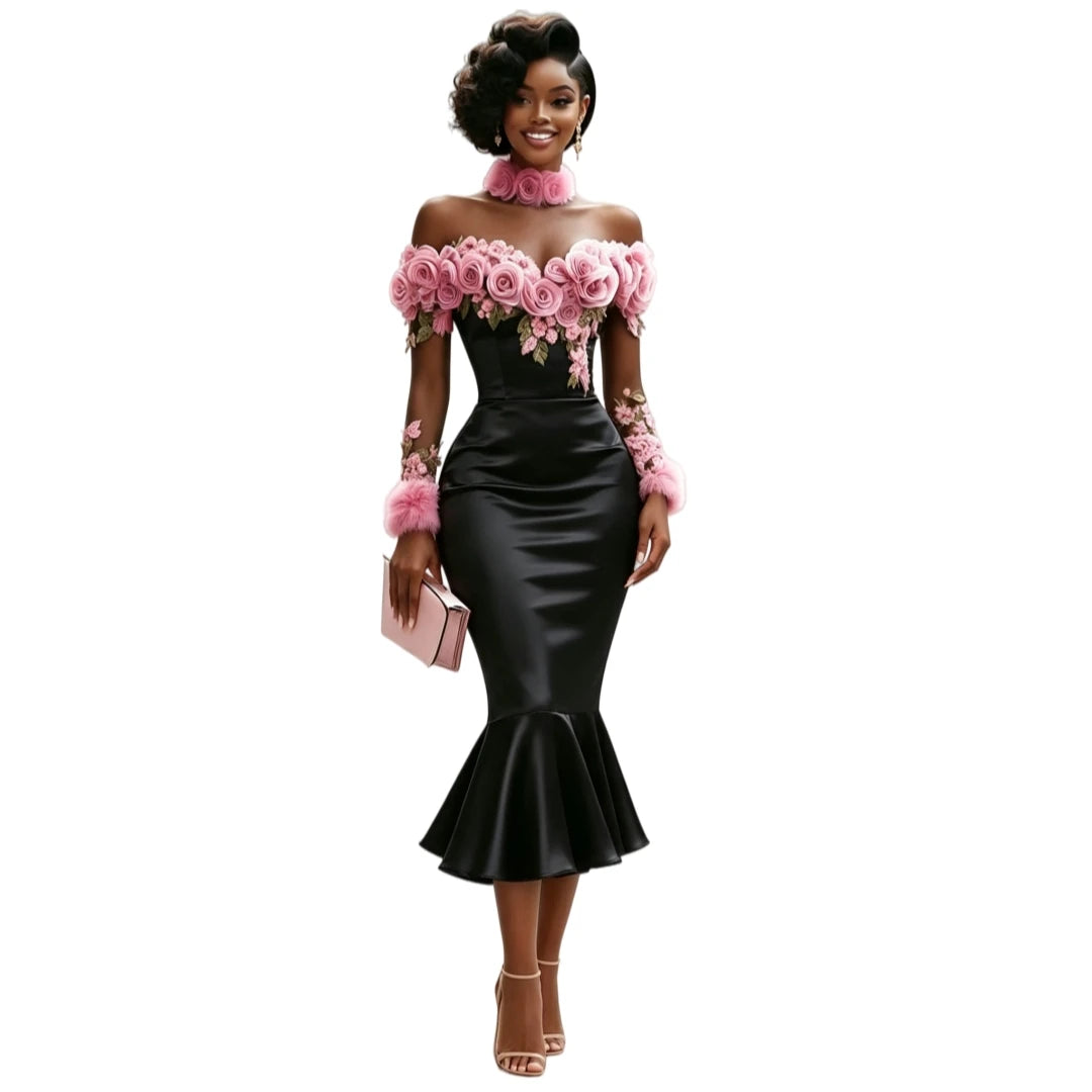 Prom Dress – Off Shoulder Long Sleeve – Satin – Black | KIMLUD
