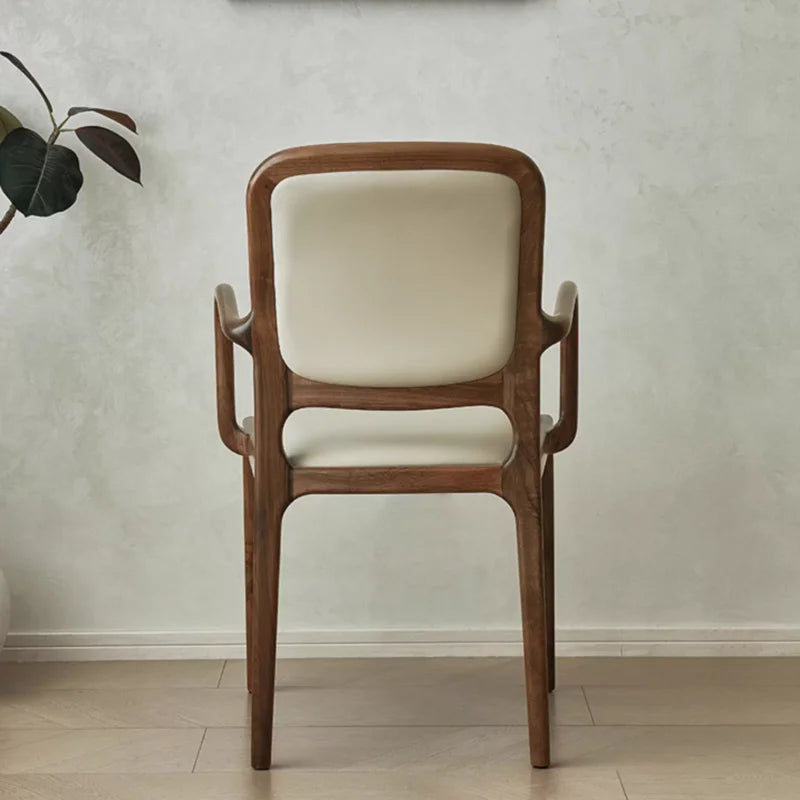 Solid Wood Dining Chair Minimalist Modern Lounge With Dark Walnut Finish And Leather Upholstery — Ivory | KIMLUD